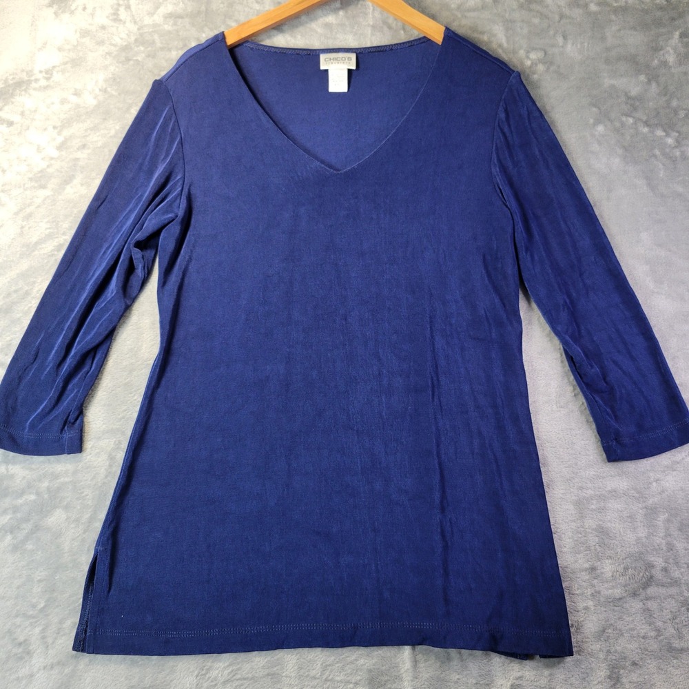 Chicos Travelers Womens 1 M Blue V‎ Neck 3/4 Sleeve Stretch Tunic Top
